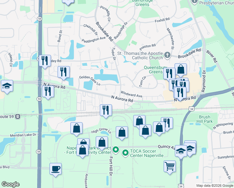 map of restaurants, bars, coffee shops, grocery stores, and more near 1704 North Aurora Road in Naperville