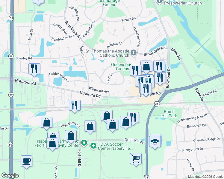 map of restaurants, bars, coffee shops, grocery stores, and more near 1670 Windward Avenue in Naperville