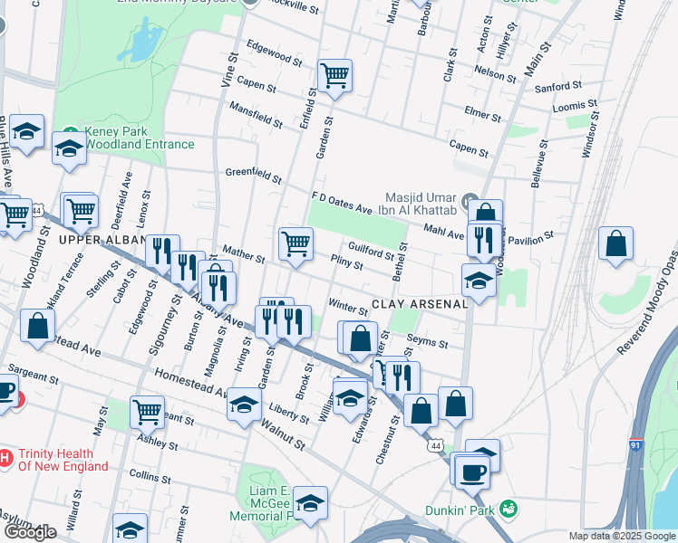 map of restaurants, bars, coffee shops, grocery stores, and more near 127 Mather Street in Hartford
