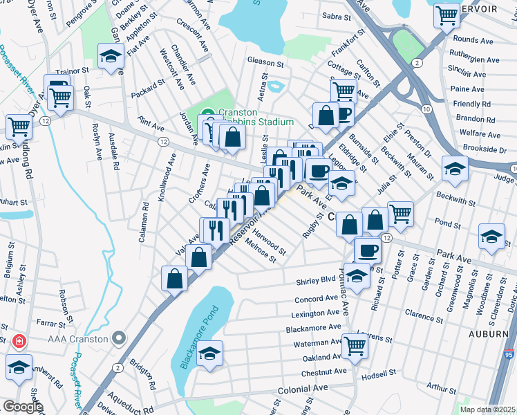 map of restaurants, bars, coffee shops, grocery stores, and more near 749 Reservoir Avenue in Cranston