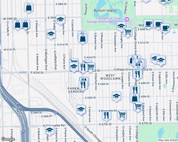 map of restaurants, bars, coffee shops, grocery stores, and more near 6300 South Vernon Avenue in Chicago