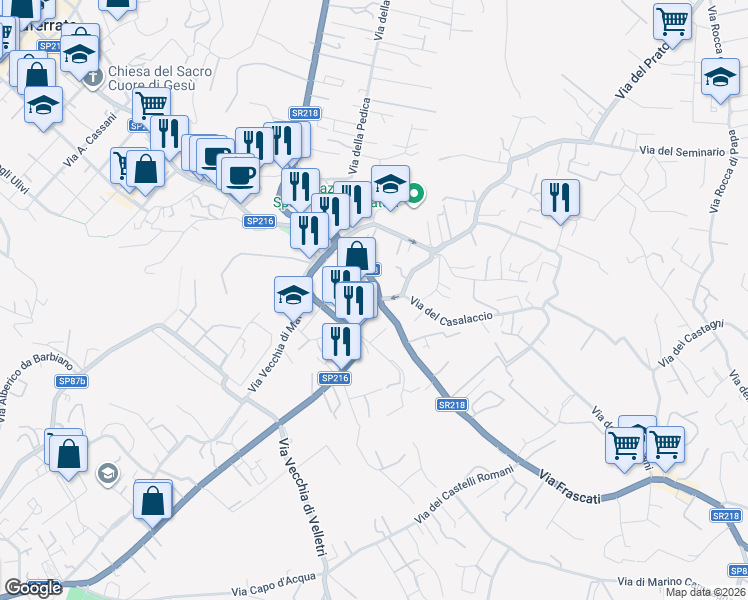 map of restaurants, bars, coffee shops, grocery stores, and more near 11 Via Campi d'Annibale in Grottaferrata
