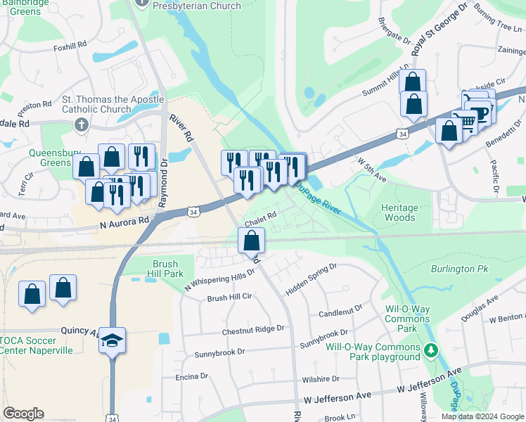 map of restaurants, bars, coffee shops, grocery stores, and more near 1232 West Ogden Avenue in Naperville