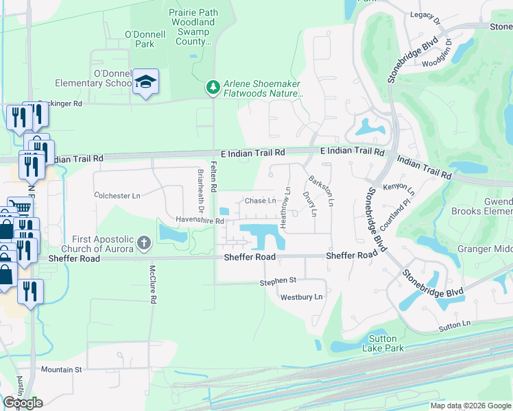 map of restaurants, bars, coffee shops, grocery stores, and more near 1887 Chase Lane in Aurora