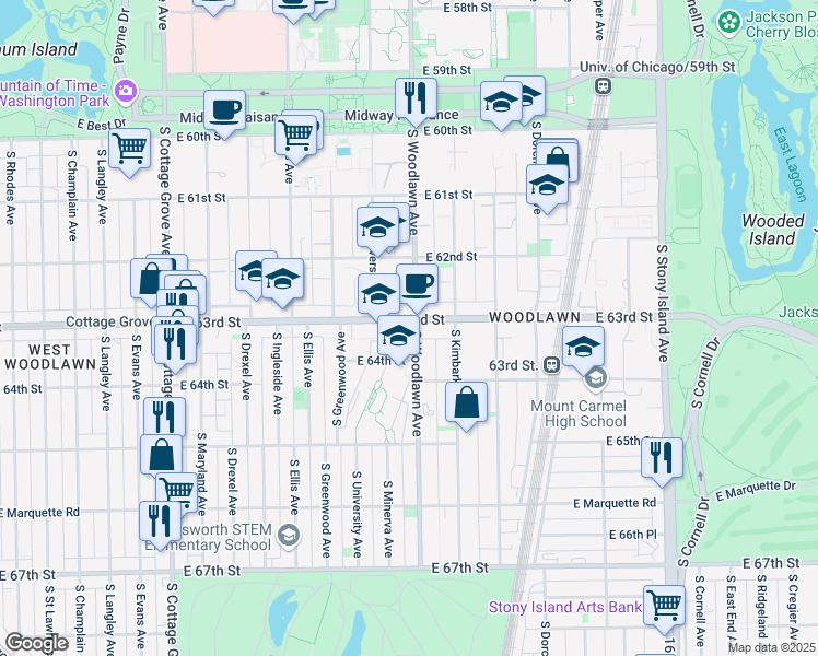 map of restaurants, bars, coffee shops, grocery stores, and more near 6300 South Woodlawn Avenue in Chicago