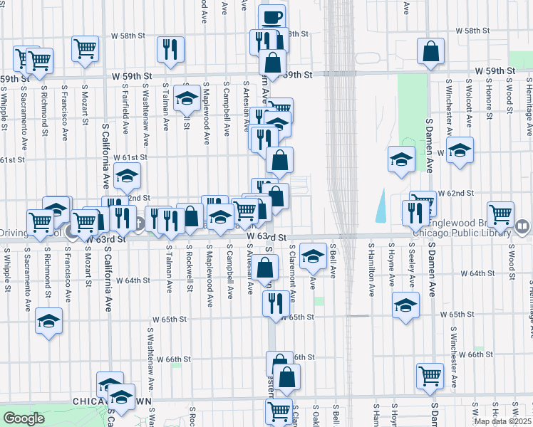 map of restaurants, bars, coffee shops, grocery stores, and more near 6208 South Western Avenue in Chicago