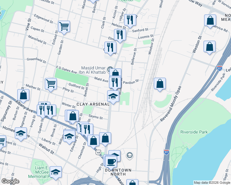 map of restaurants, bars, coffee shops, grocery stores, and more near 1954 Main Street in Hartford