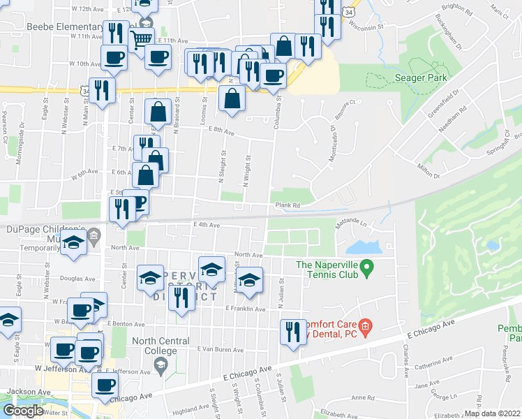 map of restaurants, bars, coffee shops, grocery stores, and more near 510 North Wright Street in Naperville