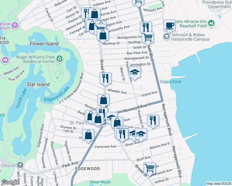 map of restaurants, bars, coffee shops, grocery stores, and more near 82 Wheeler Avenue in Cranston