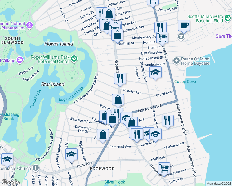 map of restaurants, bars, coffee shops, grocery stores, and more near in Cranston