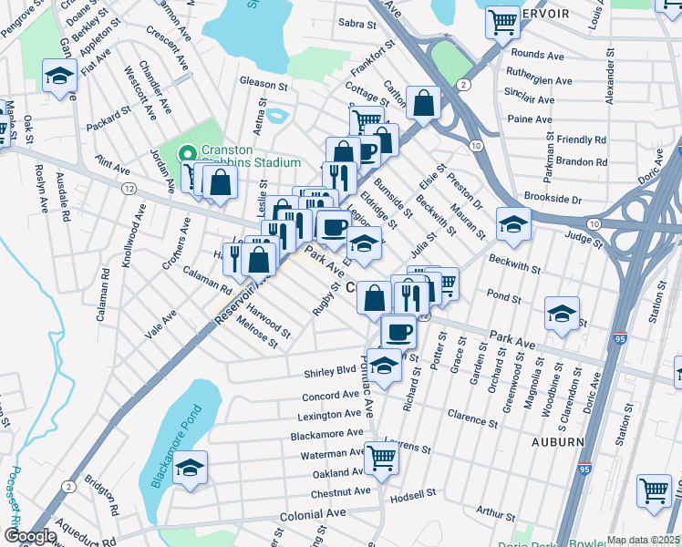 map of restaurants, bars, coffee shops, grocery stores, and more near 88 High School Avenue in Cranston