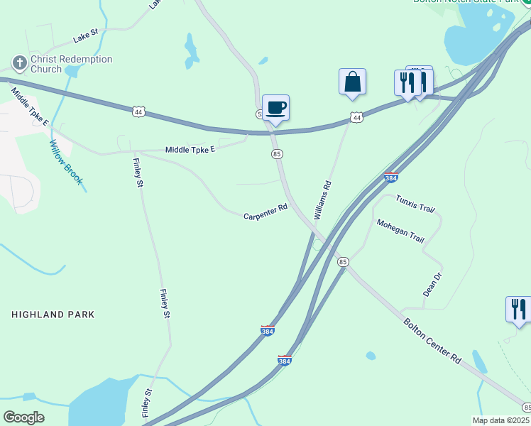 map of restaurants, bars, coffee shops, grocery stores, and more near 11 Carpenter Road in Bolton