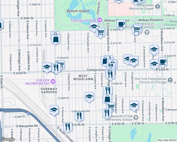 map of restaurants, bars, coffee shops, grocery stores, and more near 6237 South Champlain Avenue in Chicago