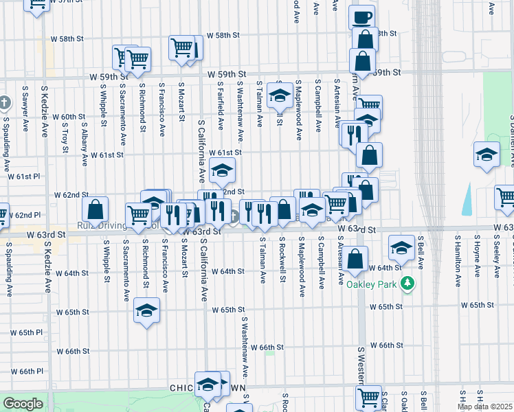 map of restaurants, bars, coffee shops, grocery stores, and more near 6158 South Talman Avenue in Chicago