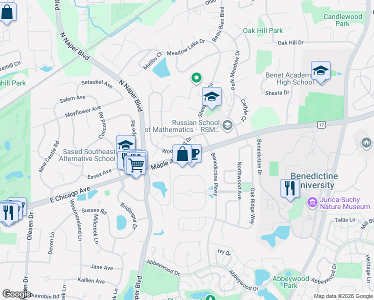 map of restaurants, bars, coffee shops, grocery stores, and more near 65640 Avon Court in Naperville