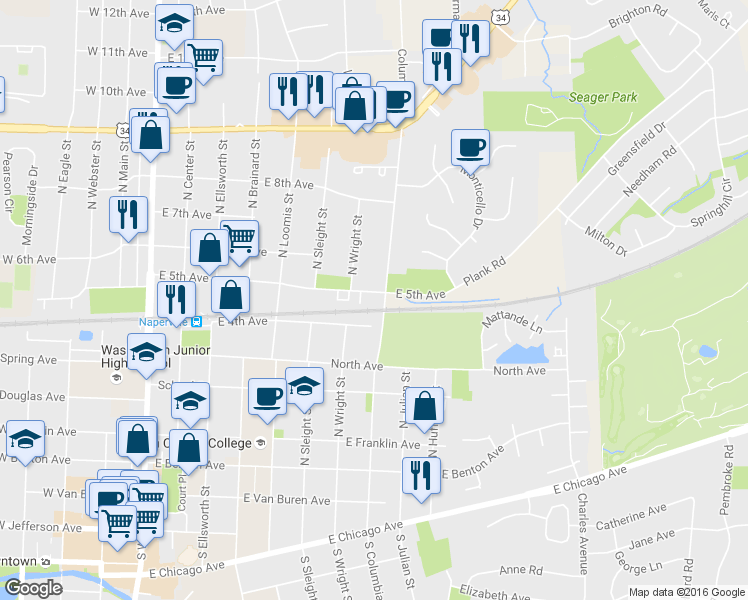 map of restaurants, bars, coffee shops, grocery stores, and more near 502 N Wright St in Naperville
