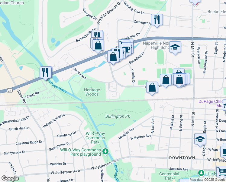 map of restaurants, bars, coffee shops, grocery stores, and more near 104 Elderberry Circle in Naperville