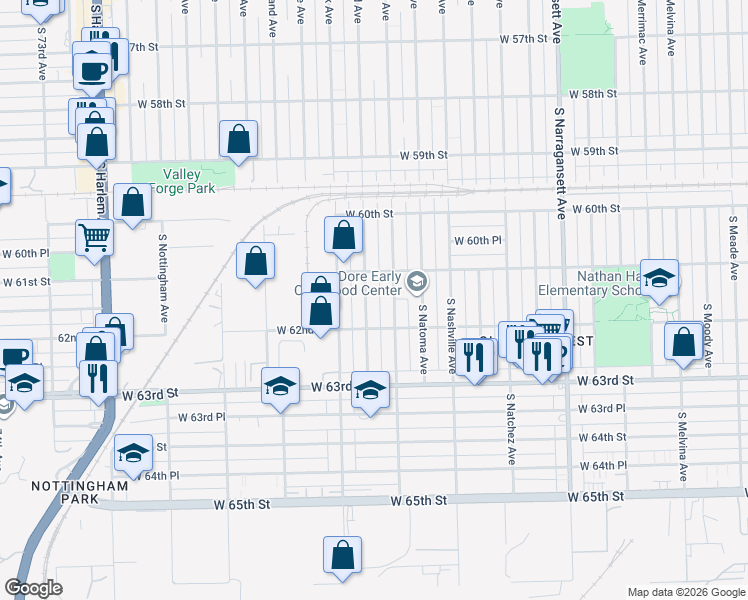 map of restaurants, bars, coffee shops, grocery stores, and more near 6104 South Normandy Avenue in Chicago