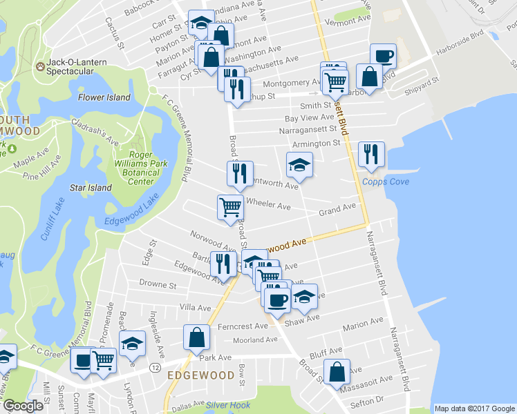 map of restaurants, bars, coffee shops, grocery stores, and more near 92 Wheeler Avenue in Cranston