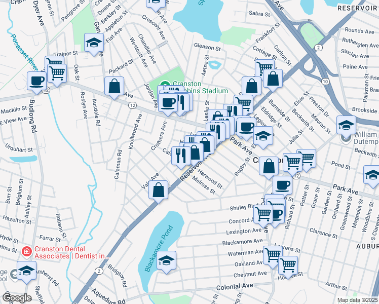 map of restaurants, bars, coffee shops, grocery stores, and more near 25 Coastway Plaza in Cranston