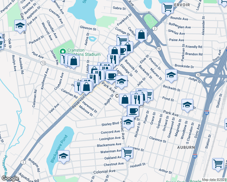 map of restaurants, bars, coffee shops, grocery stores, and more near 899 Park Avenue in Cranston