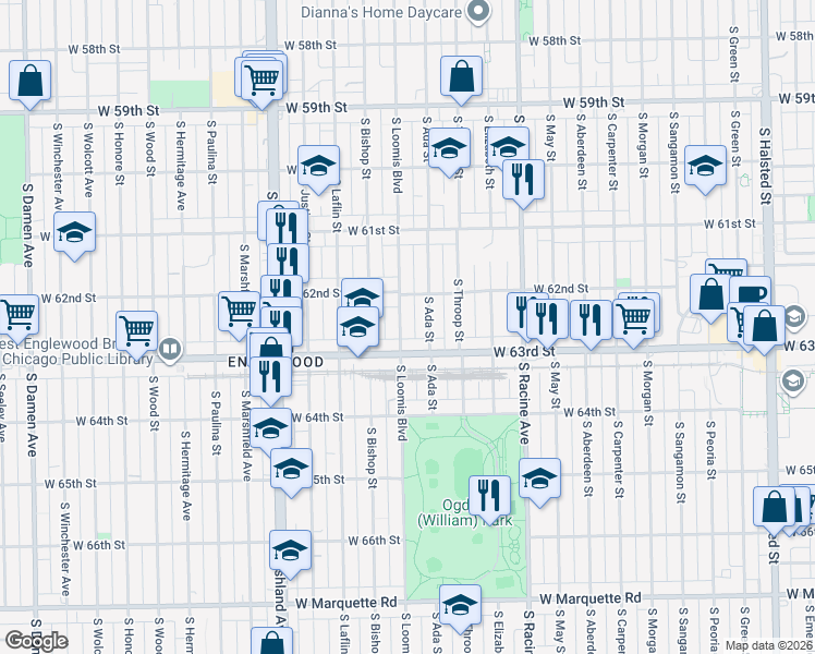 map of restaurants, bars, coffee shops, grocery stores, and more near 6231 South Loomis Boulevard in Chicago