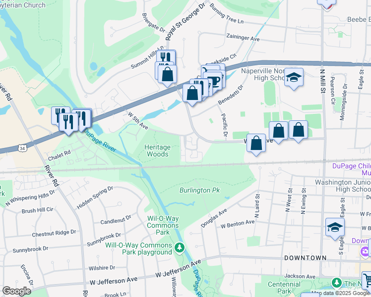 map of restaurants, bars, coffee shops, grocery stores, and more near 935 Elderberry Circle in Naperville