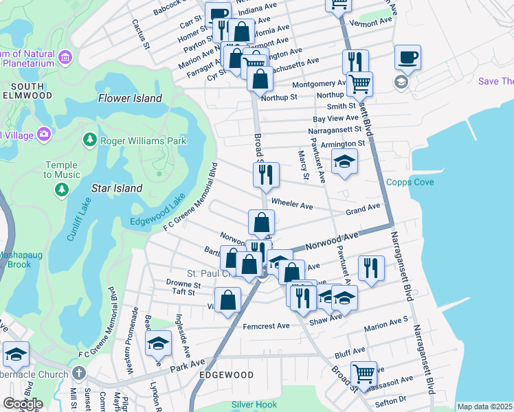 map of restaurants, bars, coffee shops, grocery stores, and more near 1687 Broad Street in Providence