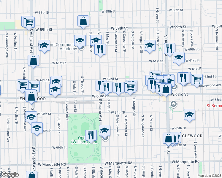 map of restaurants, bars, coffee shops, grocery stores, and more near 6214 South Aberdeen Street in Chicago