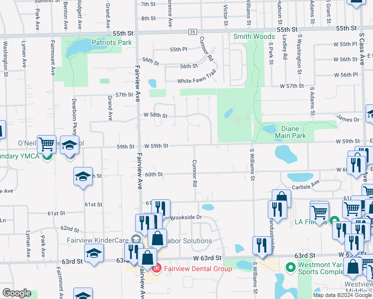 map of restaurants, bars, coffee shops, grocery stores, and more near 215 West 59th Street in Hinsdale