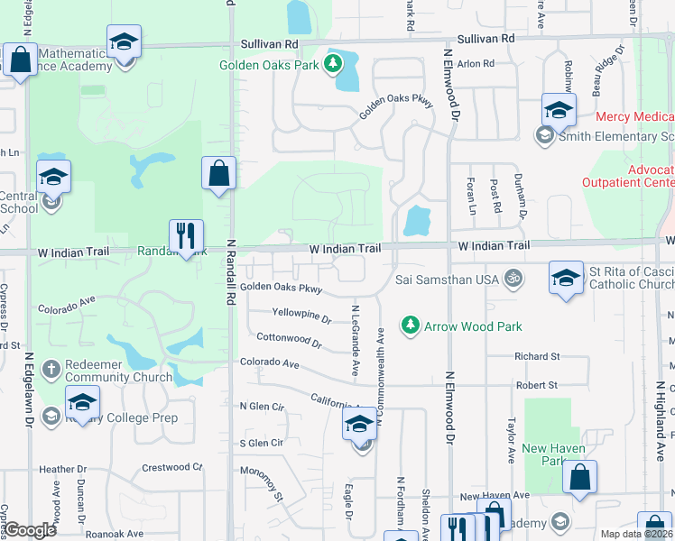 map of restaurants, bars, coffee shops, grocery stores, and more near 1240 West Indian Trail in Aurora