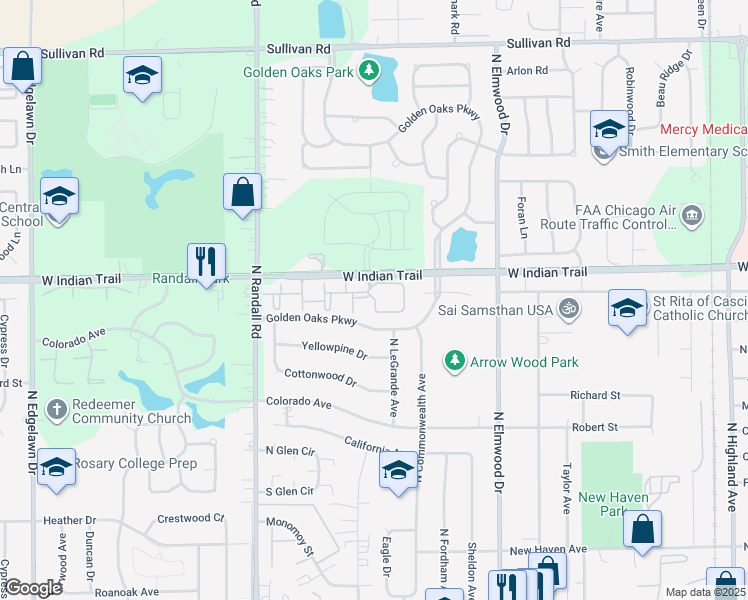 map of restaurants, bars, coffee shops, grocery stores, and more near 1240 West Indian Trail in Aurora