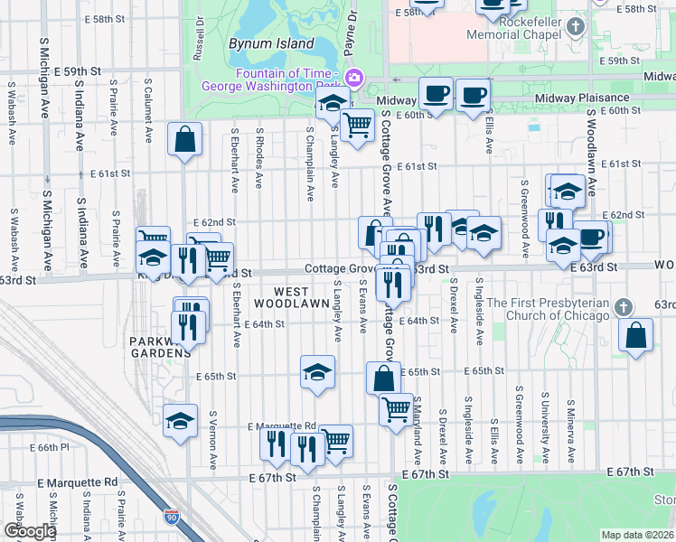 map of restaurants, bars, coffee shops, grocery stores, and more near S Langley Ave & E 63rd St in Chicago
