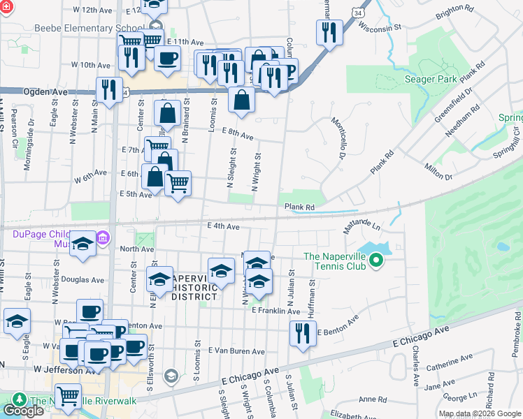 map of restaurants, bars, coffee shops, grocery stores, and more near 510 North Wright Street in Naperville