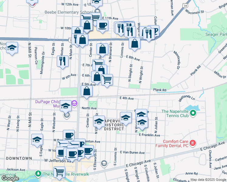 map of restaurants, bars, coffee shops, grocery stores, and more near 210 East 5th Avenue in Naperville