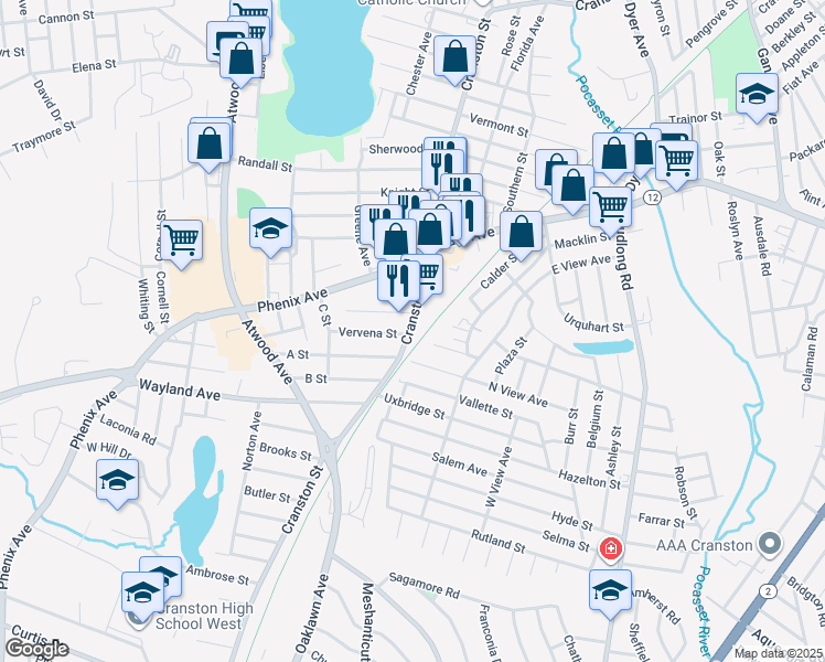 map of restaurants, bars, coffee shops, grocery stores, and more near 1790 Cranston Street in Cranston