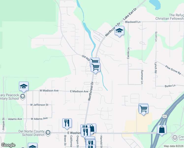 map of restaurants, bars, coffee shops, grocery stores, and more near in Del Norte County