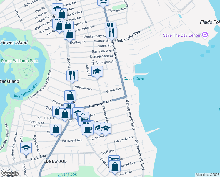 map of restaurants, bars, coffee shops, grocery stores, and more near 1157 Narragansett Boulevard in Cranston