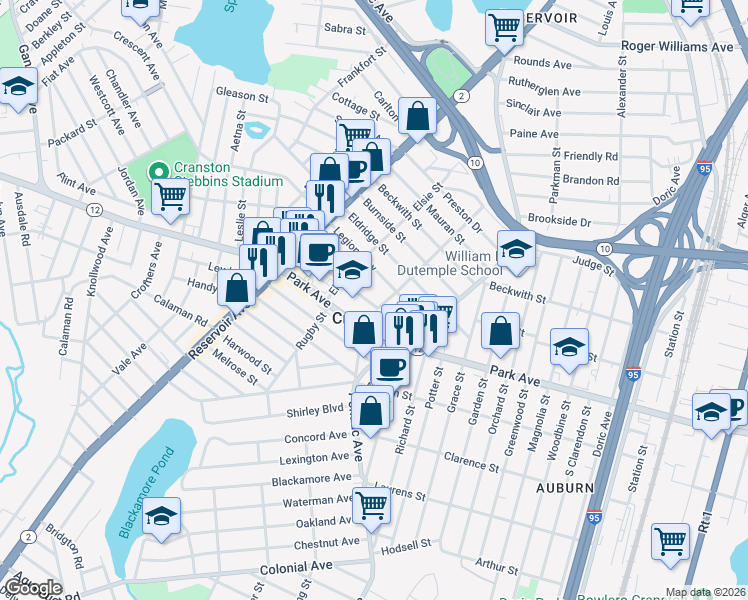 map of restaurants, bars, coffee shops, grocery stores, and more near 196 Elsie Street in Cranston