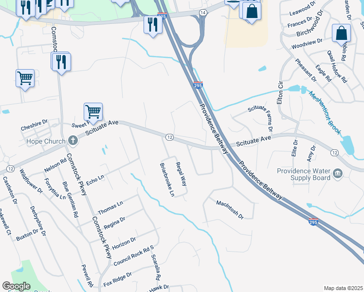 map of restaurants, bars, coffee shops, grocery stores, and more near 845 Scituate Avenue in Cranston