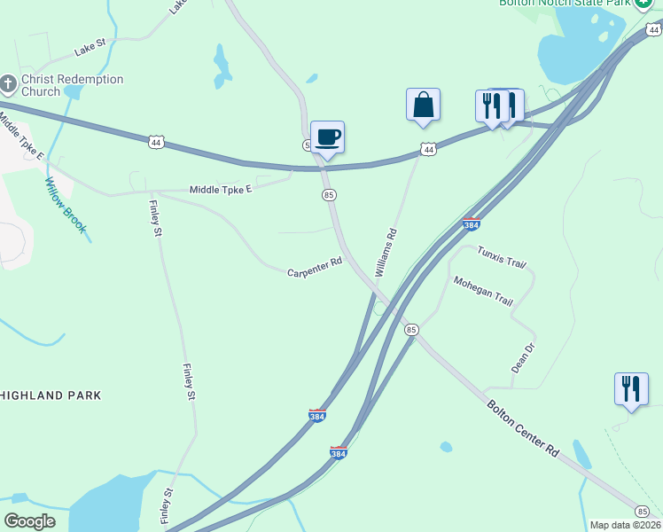 map of restaurants, bars, coffee shops, grocery stores, and more near 19 Bolton Center Road in Bolton