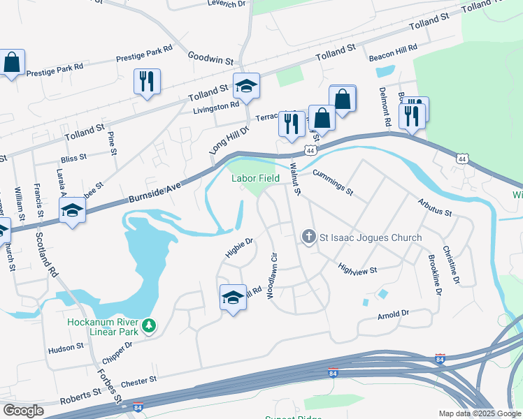 map of restaurants, bars, coffee shops, grocery stores, and more near 26 Woodlawn Circle in East Hartford