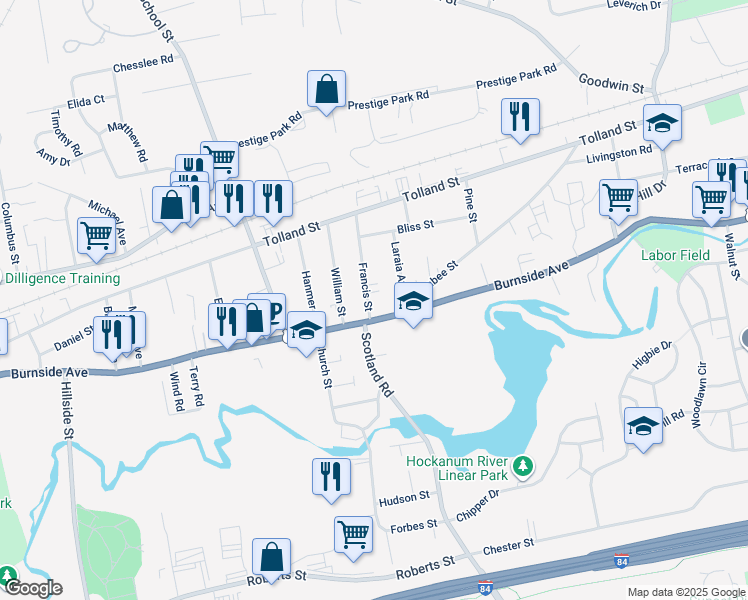 map of restaurants, bars, coffee shops, grocery stores, and more near 37 Francis Street in East Hartford