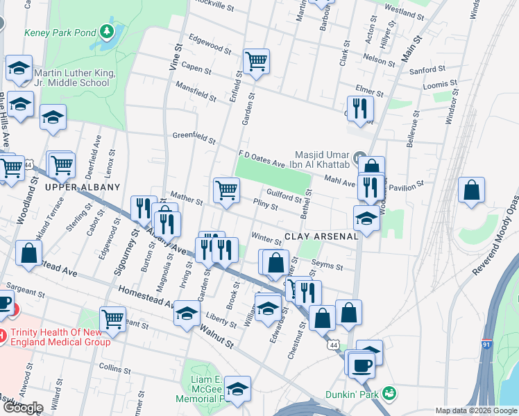 map of restaurants, bars, coffee shops, grocery stores, and more near 175 Brook Street in Hartford