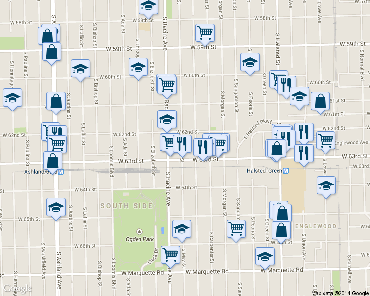 map of restaurants, bars, coffee shops, grocery stores, and more near 6214 South Aberdeen Street in Chicago
