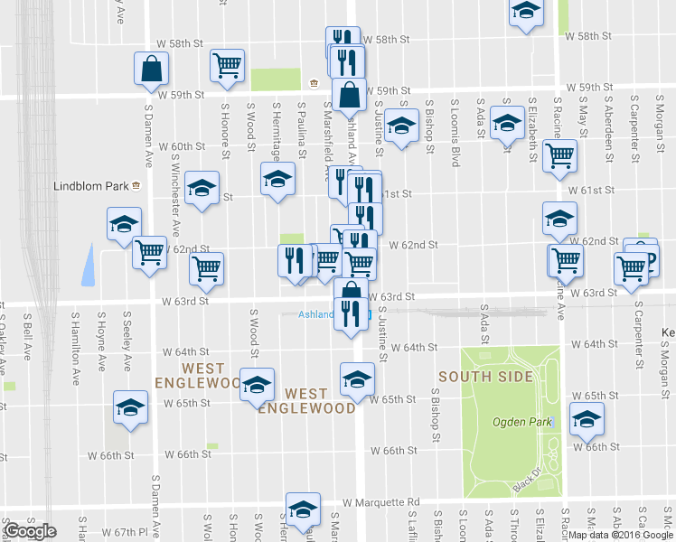 map of restaurants, bars, coffee shops, grocery stores, and more near 6210 South Ashland Avenue in Chicago