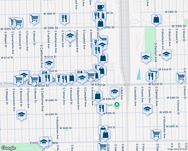 map of restaurants, bars, coffee shops, grocery stores, and more near 6208 South Western Avenue in Chicago