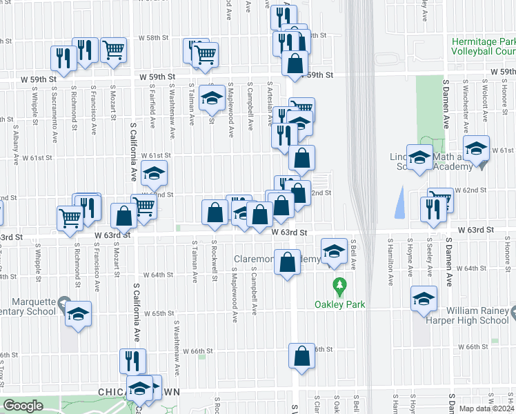 map of restaurants, bars, coffee shops, grocery stores, and more near 2447 West 62nd Street in Chicago