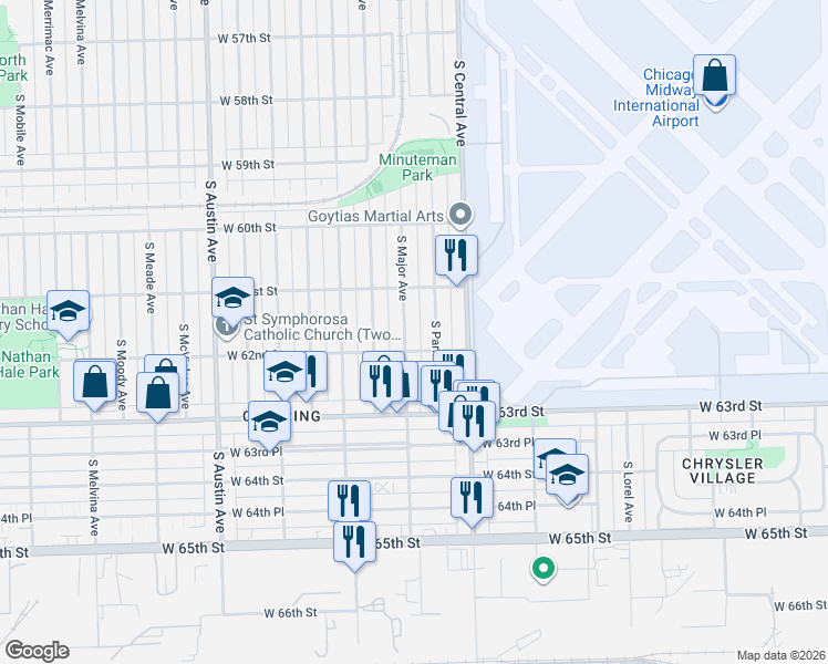 map of restaurants, bars, coffee shops, grocery stores, and more near 6122 South Parkside Avenue in Chicago