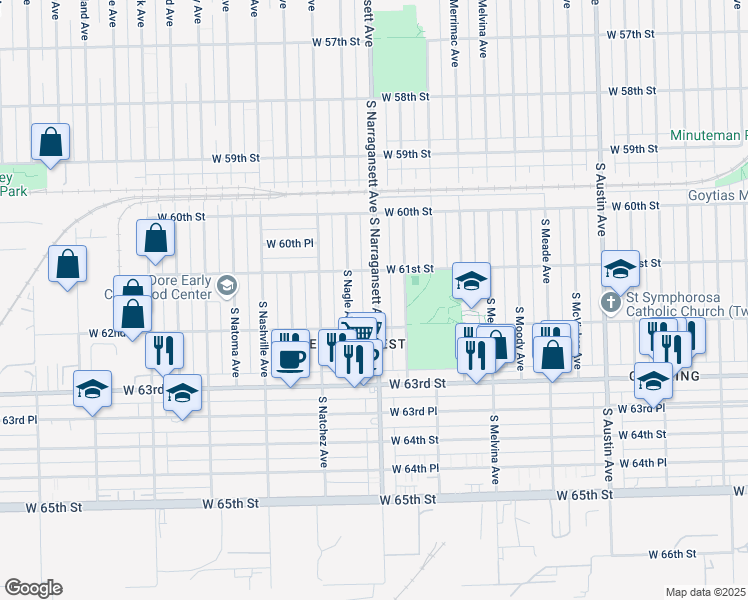 map of restaurants, bars, coffee shops, grocery stores, and more near 6108 South Narragansett Avenue in Chicago